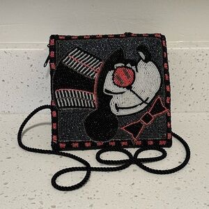 Mickey Mouse Top Hat w/ Monocle Glasses Black and Red Beaded Crossbody Bag